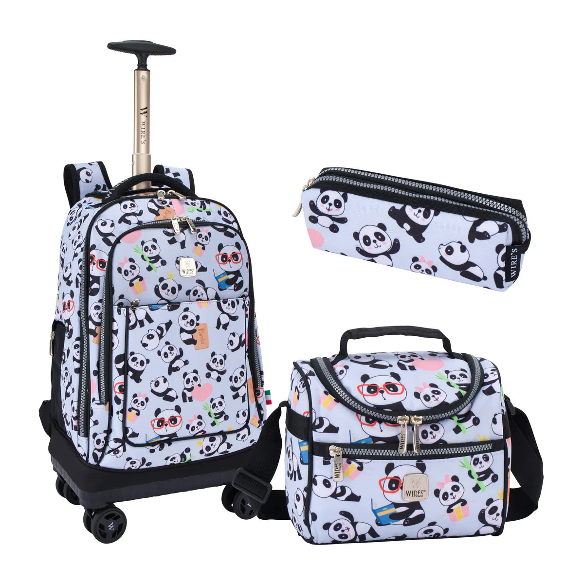 Wires Mist Panda Wires 8-Wheels School Backpack Trolley Set - Lunch bag & Pencil Case - W24560