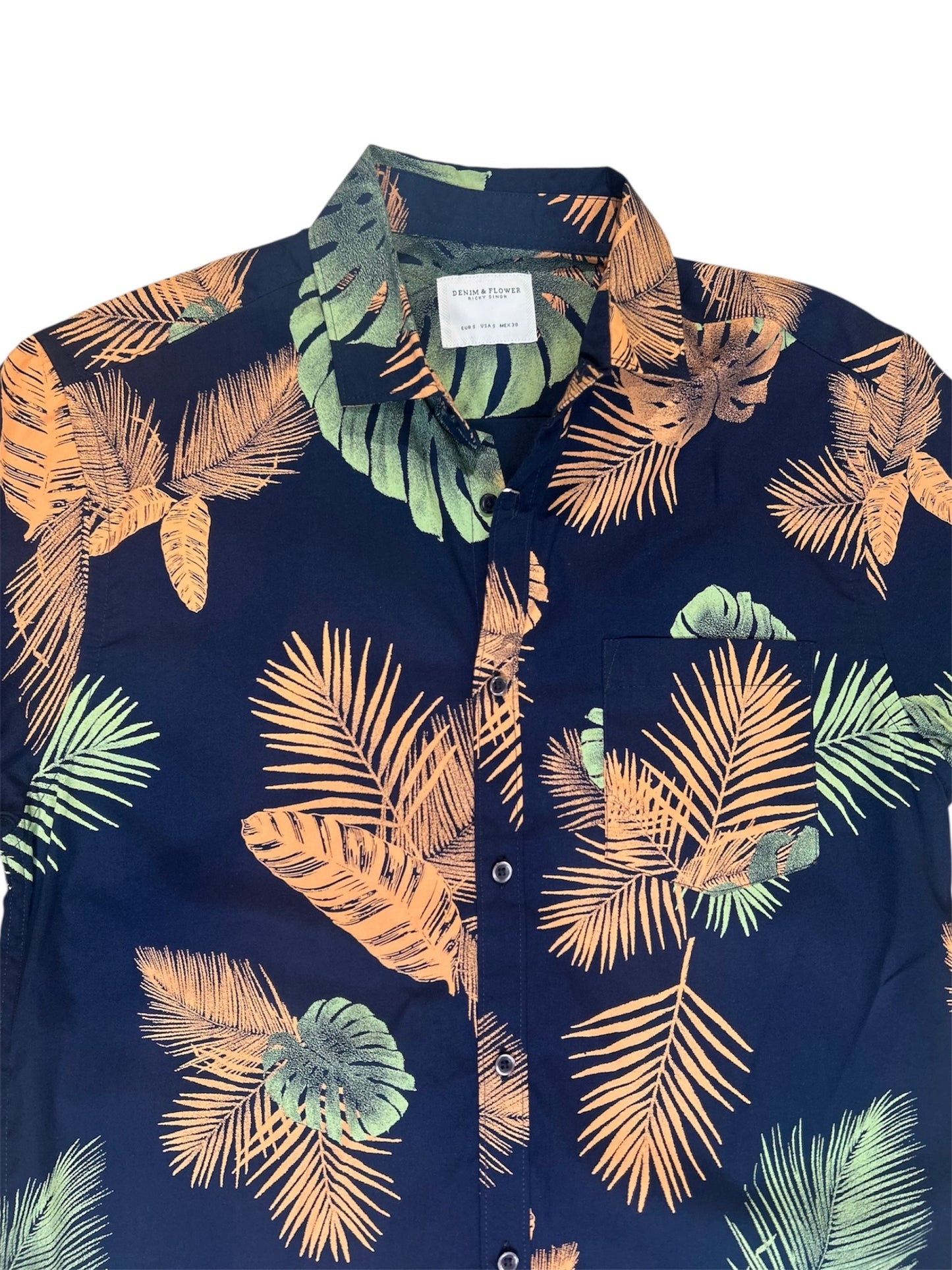 Denim & Flower Ricky Singh Men’s Leaf Print Half Sleeve Shirt – Casual Summer Wear