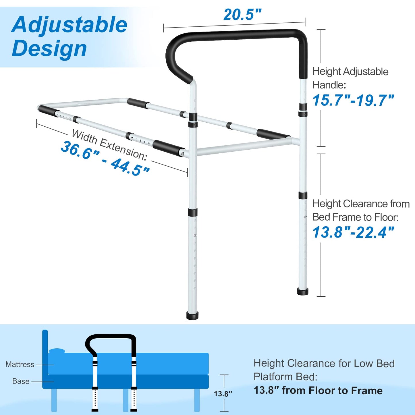 KingPavonini Bed Rails for Elderly Adults Safety - Adjustable Bed Cane with Non-Slip Ergonomic Handle and Storage Pocket, Stable Bed Assist Rails for Seniors Hold up to 400 Lbs, Tool-Free Assembly