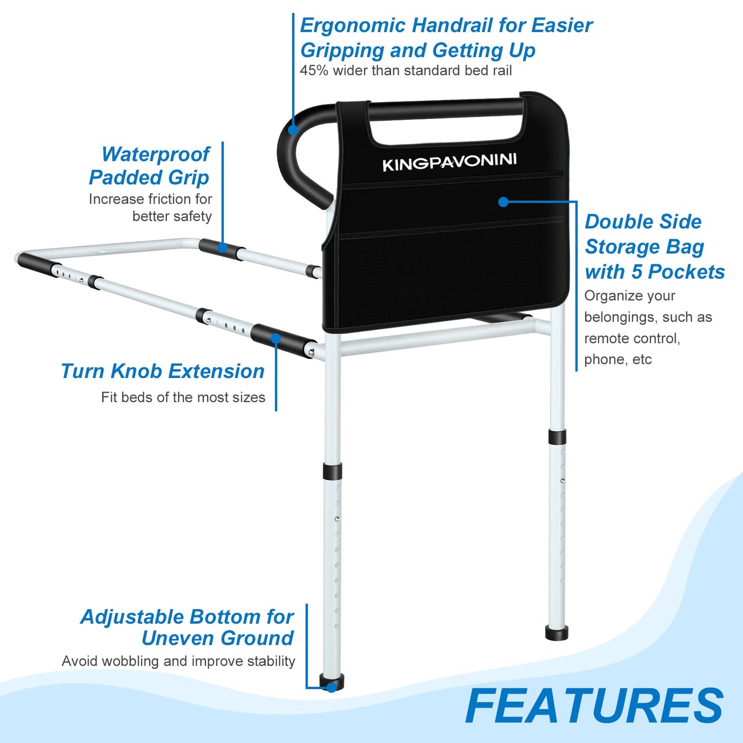 KingPavonini Bed Rails for Elderly Adults Safety - Adjustable Bed Cane with Non-Slip Ergonomic Handle and Storage Pocket, Stable Bed Assist Rails for Seniors Hold up to 400 Lbs, Tool-Free Assembly