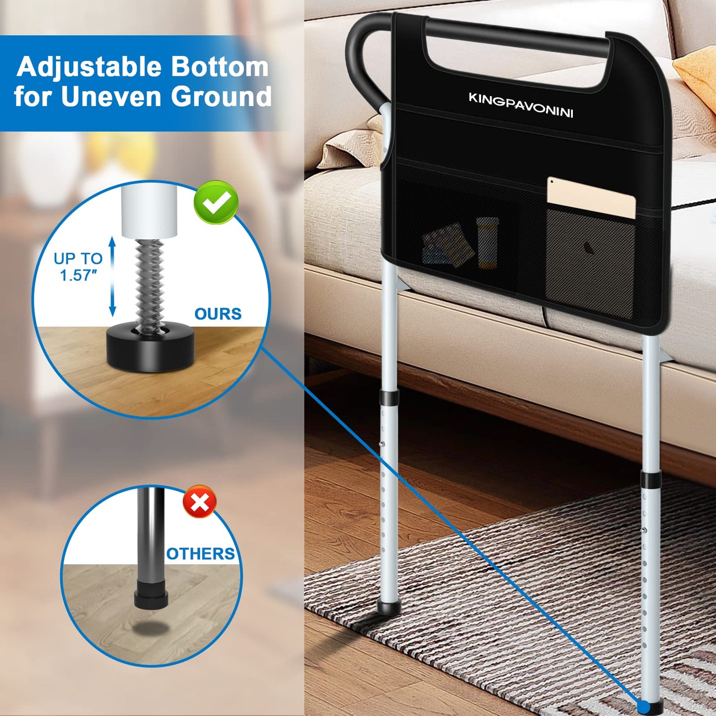 KingPavonini Bed Rails for Elderly Adults Safety - Adjustable Bed Cane with Non-Slip Ergonomic Handle and Storage Pocket, Stable Bed Assist Rails for Seniors Hold up to 400 Lbs, Tool-Free Assembly