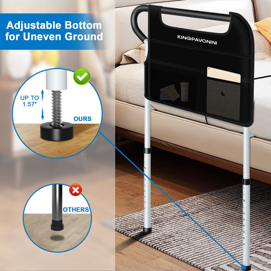 KingPavonini Bed Rails for Elderly Adults Safety - Adjustable Bed Cane with Non-Slip Ergonomic Handle and Storage Pocket, Stable Bed Assist Rails for Seniors Hold up to 400 Lbs, Tool-Free Assembly