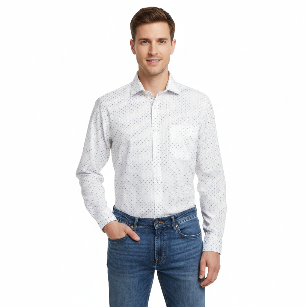 Sacoor Brothers Men's Slim Fit White Shirt with Blue Polka Dot Pattern – Classic Formal Wear