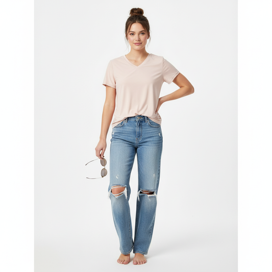 WOMEN'S BEIGE V NECK T SHIRT