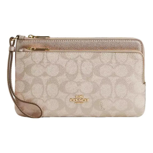 NWT Coach Double Zip Wallet In Signature Canvas Color Gold/Champagne Multi