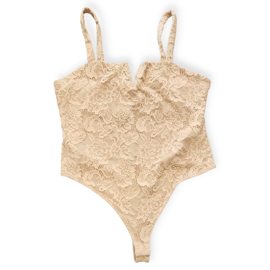 FOREVER 21+ BEIGE WOMEN'S BODYSUIT WITH FLORAL MESH