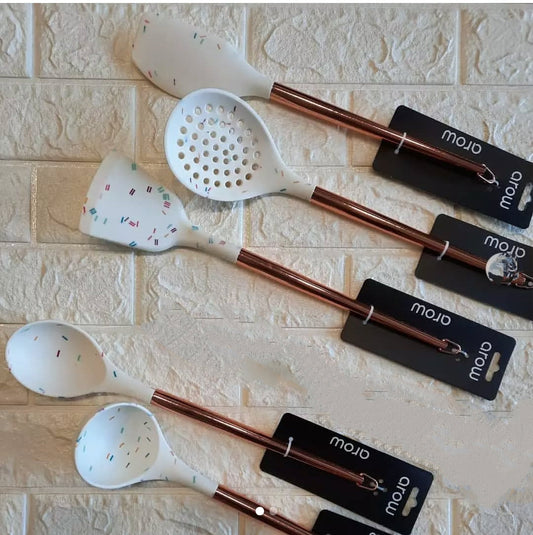 Arow Servappetit Ceramic Rose 5PC Utensil Set w/Crock, Copper & Nylon, White & Rose Color